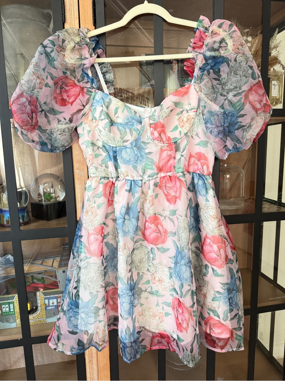 Babydoll mini dress Organza puff short sleeve selkie floral print sweetheart - Picture 8 of 8